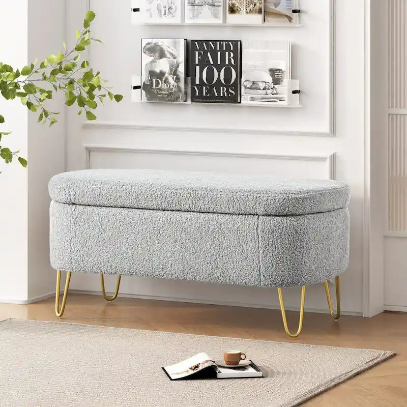Oval Storage Bench for Living Room Bedroom End of Bed, Upholstered Storage Ottoman Entryway Bench With Metal Legs