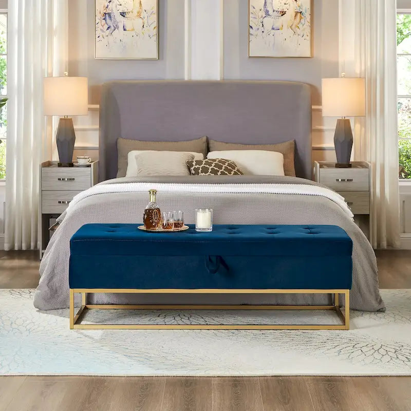 Velvet Tufted Storage Bench with Metal Base
