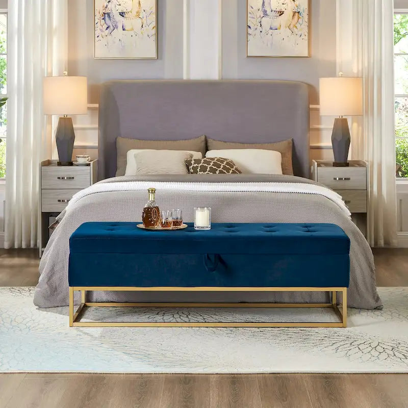 Velvet Tufted Storage Bench with Metal Base