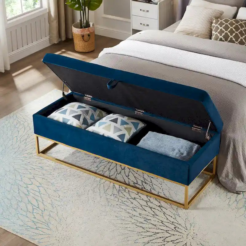 Velvet Tufted Storage Bench with Metal Base