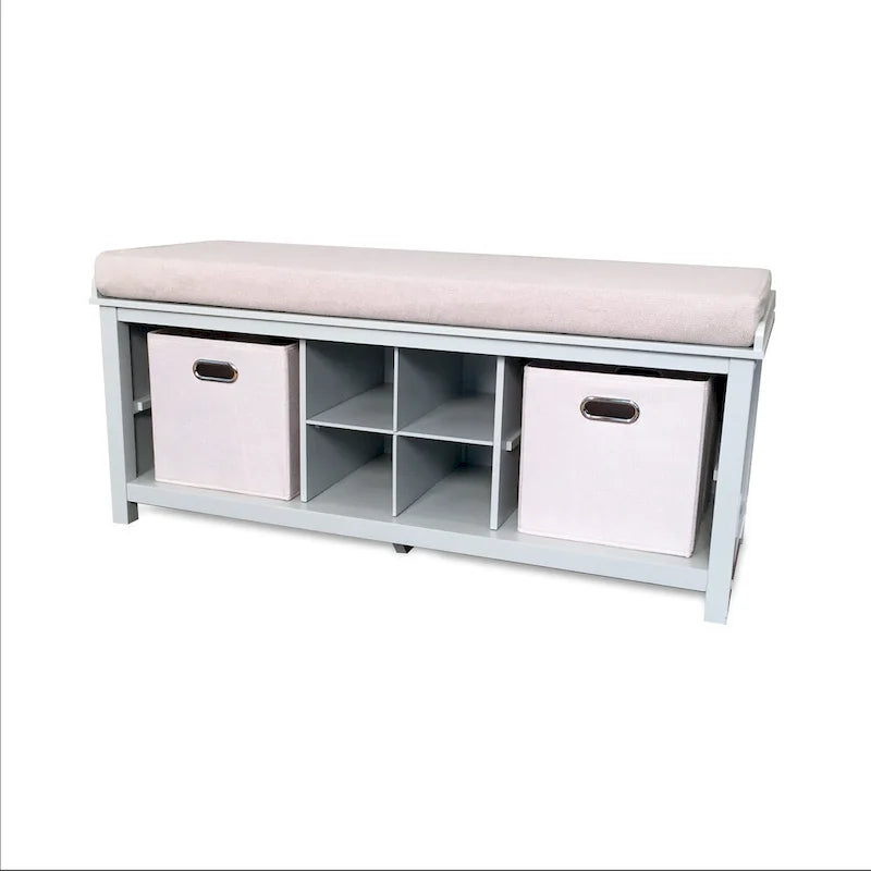 Solid Wood Entryway Bench with Shoe Cubbies and Storage Bins, Grey