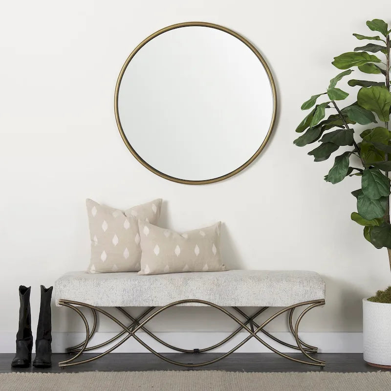 Gray Fabric Upholstered Bench with Dark Nickel Metal Frame