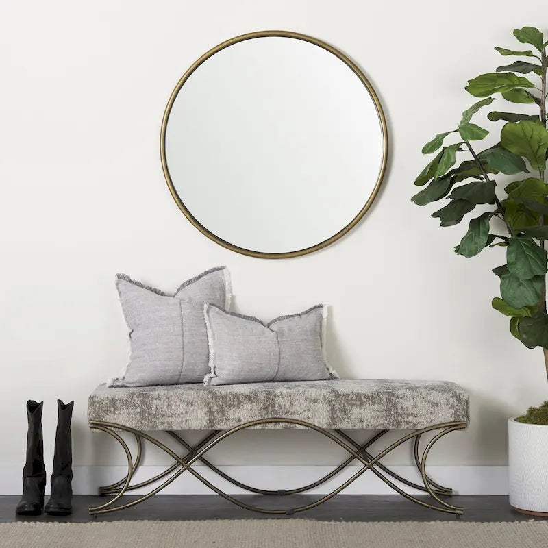 Gray Fabric Upholstered Bench with Dark Nickel Metal Frame