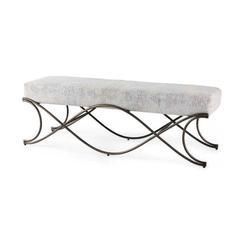 Gray Fabric Upholstered Bench with Dark Nickel Metal Frame