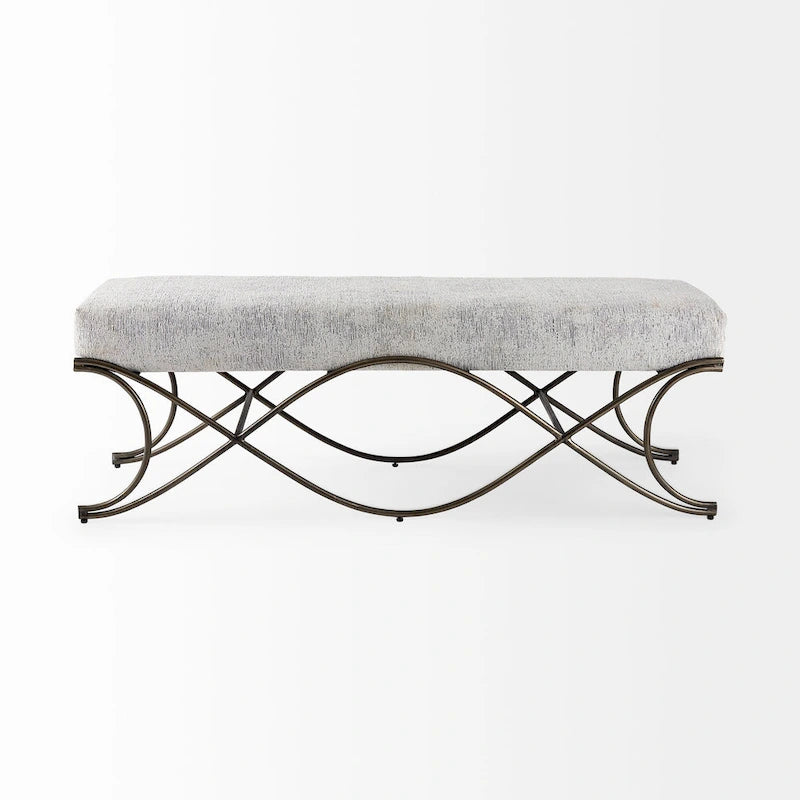 Gray Fabric Upholstered Bench with Dark Nickel Metal Frame
