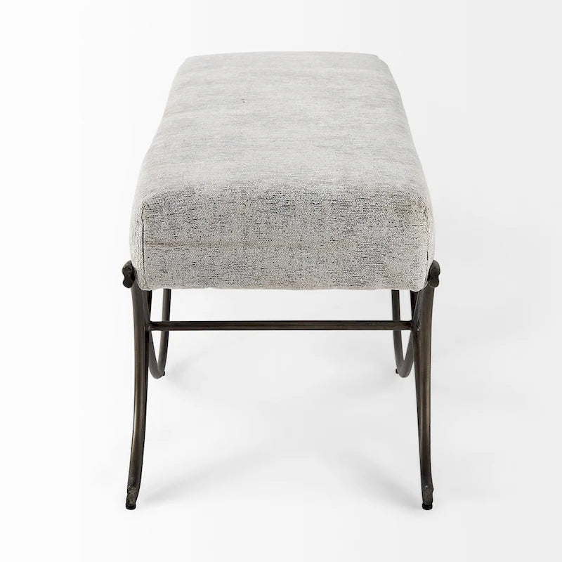 Gray Fabric Upholstered Bench with Dark Nickel Metal Frame
