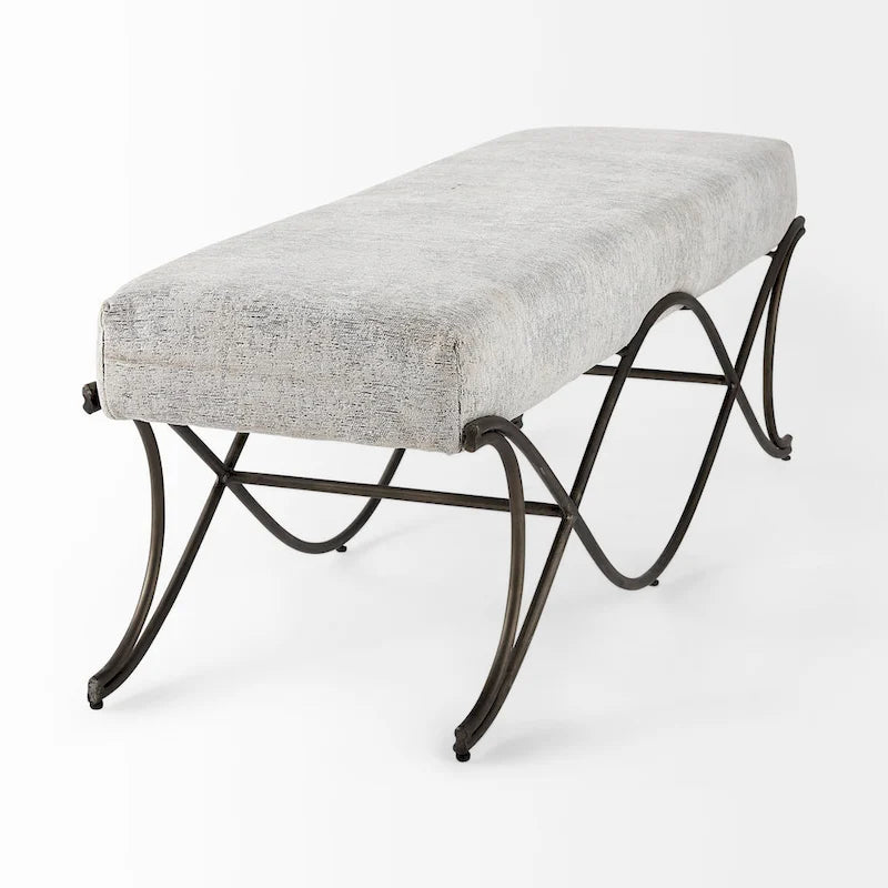 Gray Fabric Upholstered Bench with Dark Nickel Metal Frame