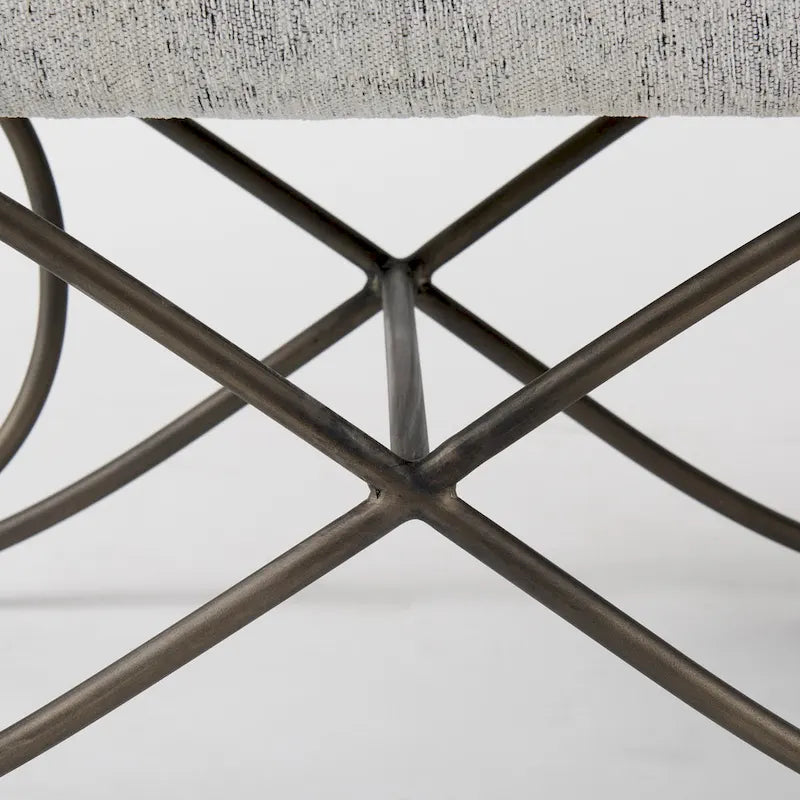 Gray Fabric Upholstered Bench with Dark Nickel Metal Frame