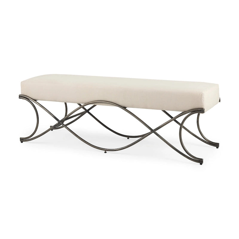 Gray Fabric Upholstered Bench with Dark Nickel Metal Frame
