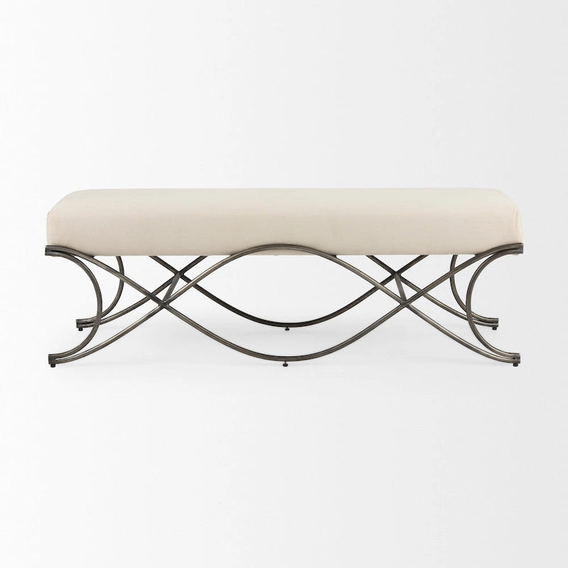 Gray Fabric Upholstered Bench with Dark Nickel Metal Frame