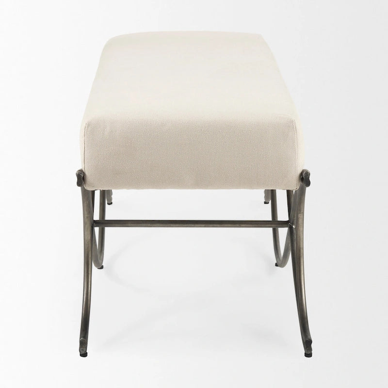 Gray Fabric Upholstered Bench with Dark Nickel Metal Frame