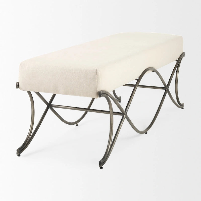 Gray Fabric Upholstered Bench with Dark Nickel Metal Frame