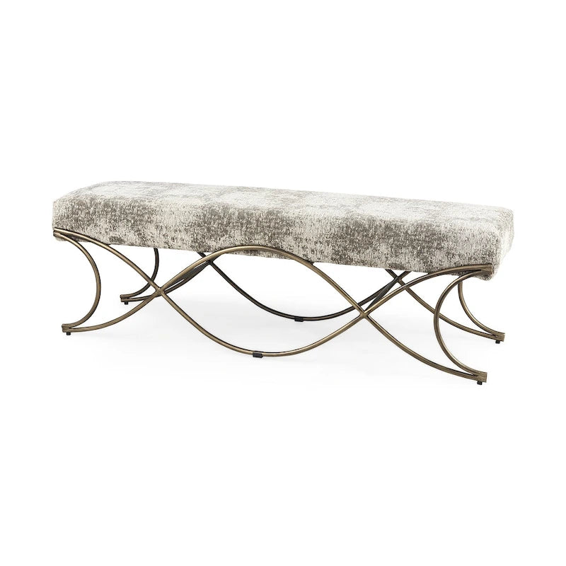 Gray Fabric Upholstered Bench with Dark Nickel Metal Frame