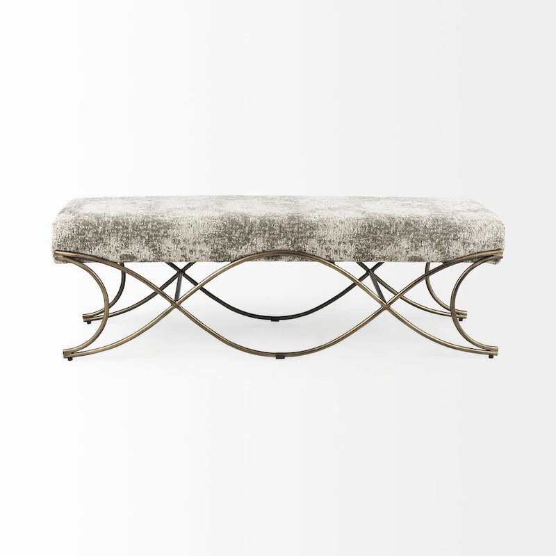 Gray Fabric Upholstered Bench with Dark Nickel Metal Frame