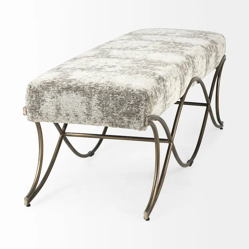 Gray Fabric Upholstered Bench with Dark Nickel Metal Frame