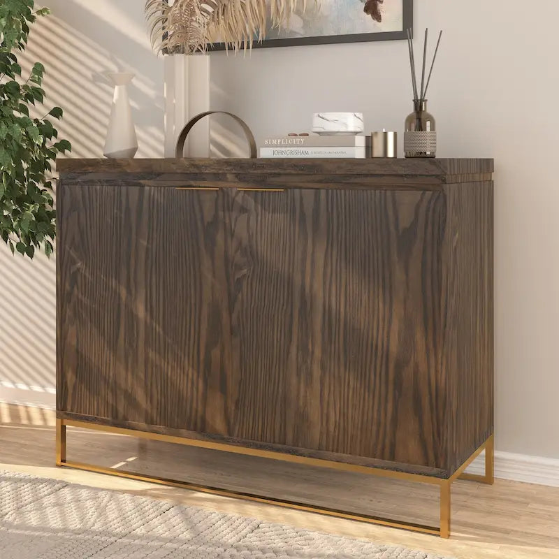 Wood Grain 2-Door Accent Cabinet with Gold Metal Legs