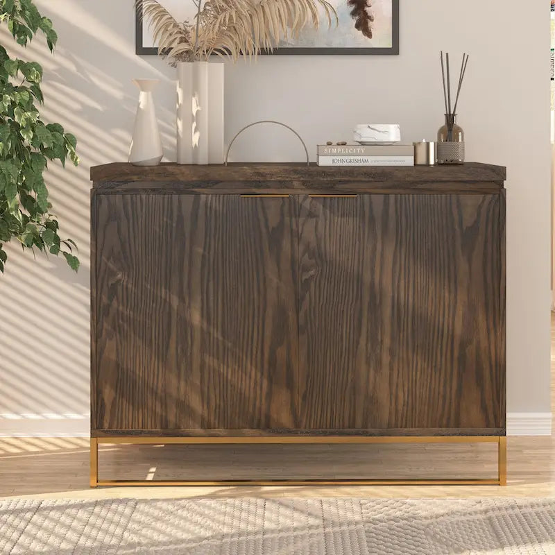 Wood Grain 2-Door Accent Cabinet with Gold Metal Legs