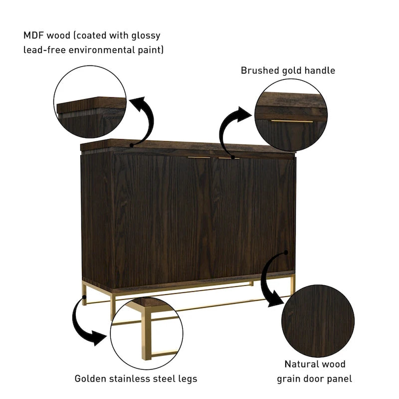 Wood Grain 2-Door Accent Cabinet with Gold Metal Legs