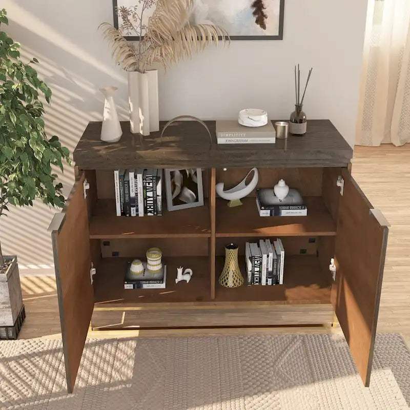 Wood Grain 2-Door Accent Cabinet with Gold Metal Legs