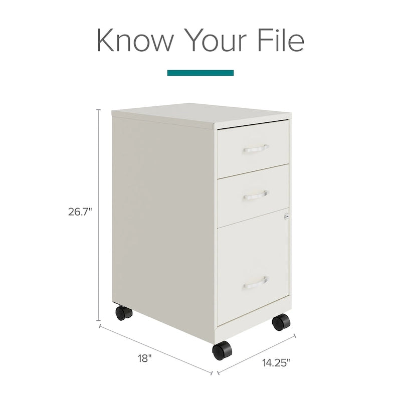 18" Deep 3-Drawer Mobile Metal File Cabinet, Pearl White