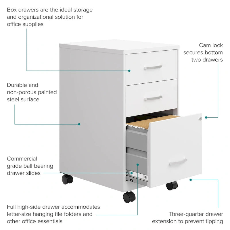 18" Deep 3-Drawer Mobile Metal File Cabinet, Pearl White