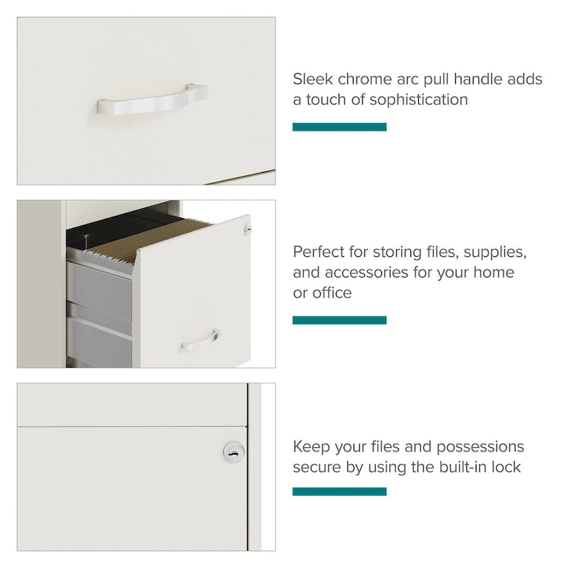 18" Deep 3-Drawer Mobile Metal File Cabinet, Pearl White