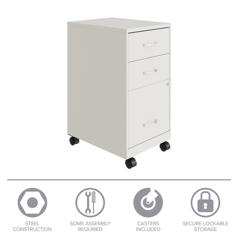 18" Deep 3-Drawer Mobile Metal File Cabinet, Pearl White