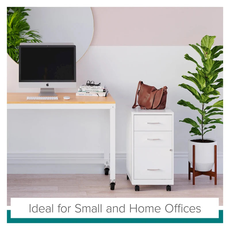 18" Deep 3-Drawer Mobile Metal File Cabinet, Pearl White