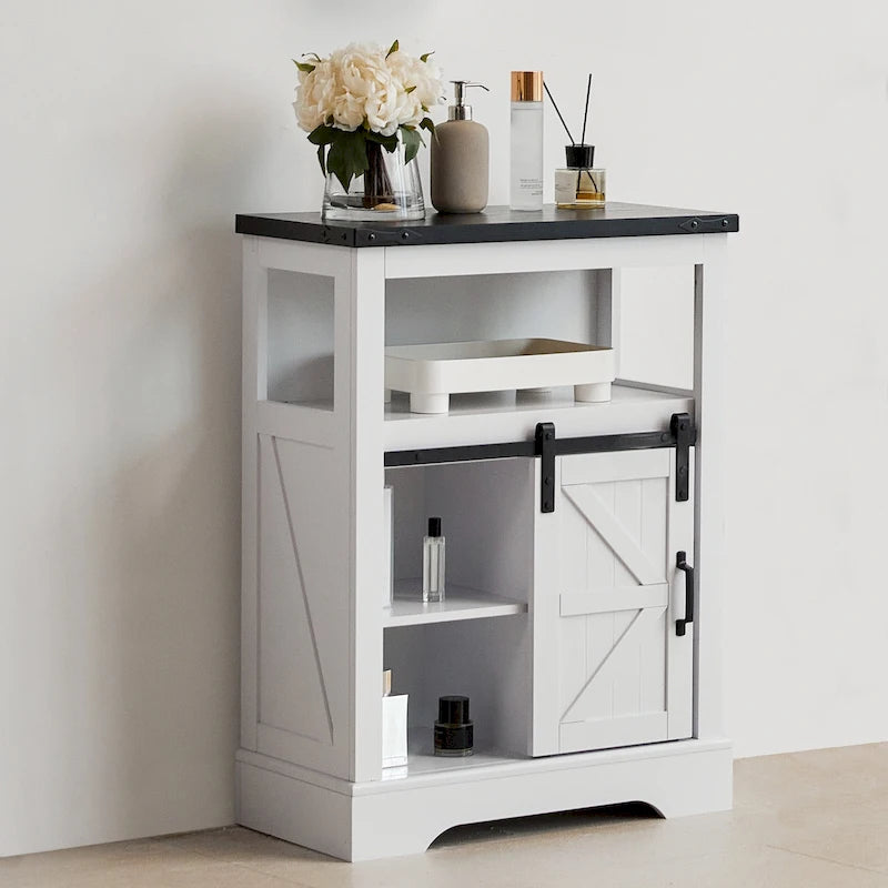 Farmhouse Bathroom Floor Storage Cabinet with Sliding Barn Door And Storage Drawers