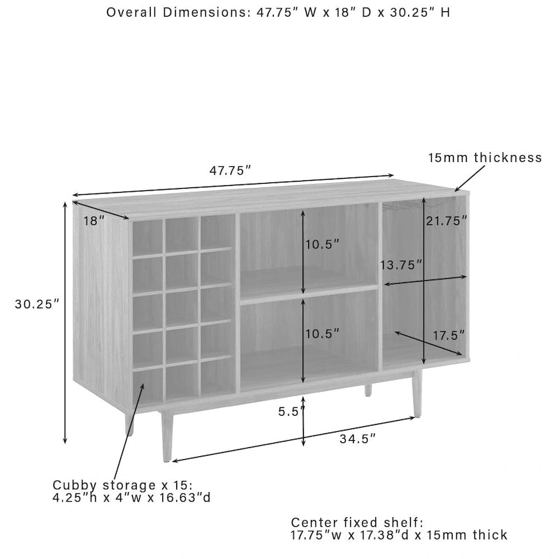Mid-Century Modern Wine Storage Sideboard with 15-Bottle Rack - 18x47.75x30.25