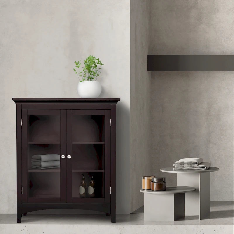 Espresso Freestanding Floor Cabinet with Glass Doors and 2 Adjustable Shelves - 26W x 13L x 32H