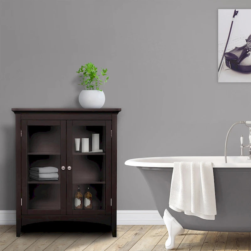 Espresso Freestanding Floor Cabinet with Glass Doors and 2 Adjustable Shelves - 26W x 13L x 32H