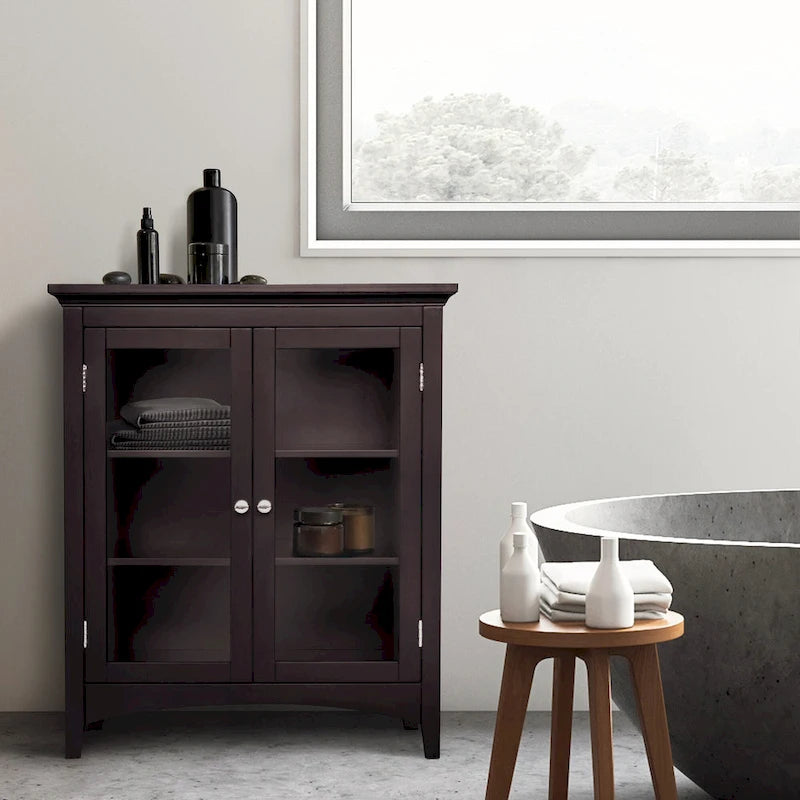 Espresso Freestanding Floor Cabinet with Glass Doors and 2 Adjustable Shelves - 26W x 13L x 32H