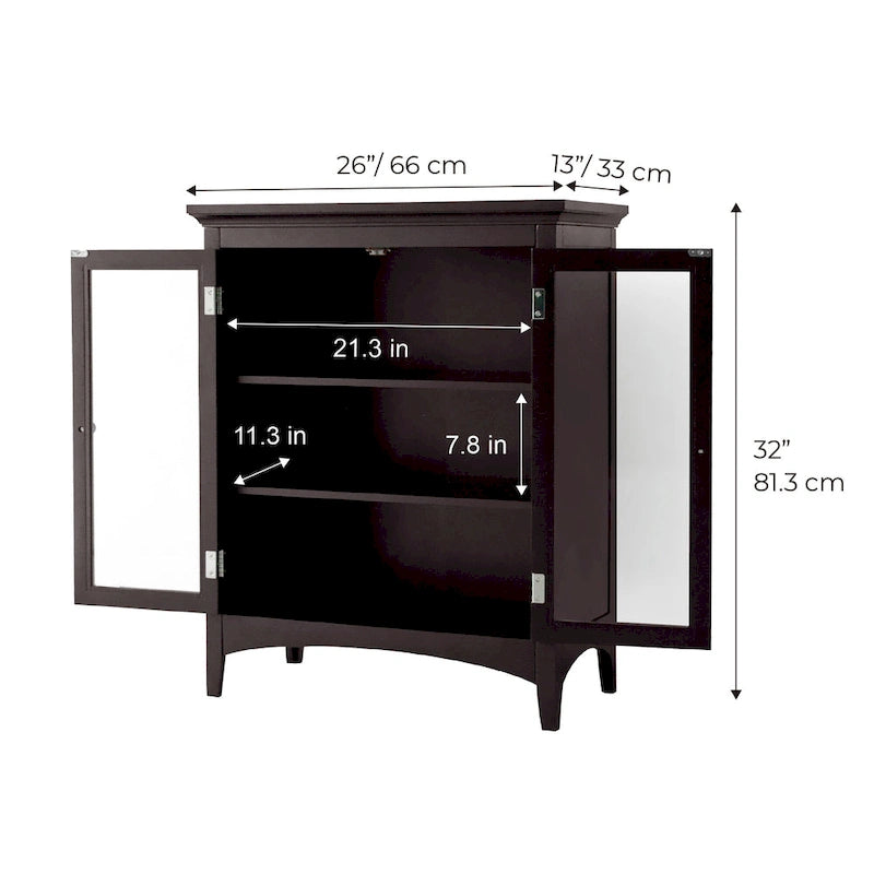 Espresso Freestanding Floor Cabinet with Glass Doors and 2 Adjustable Shelves - 26W x 13L x 32H