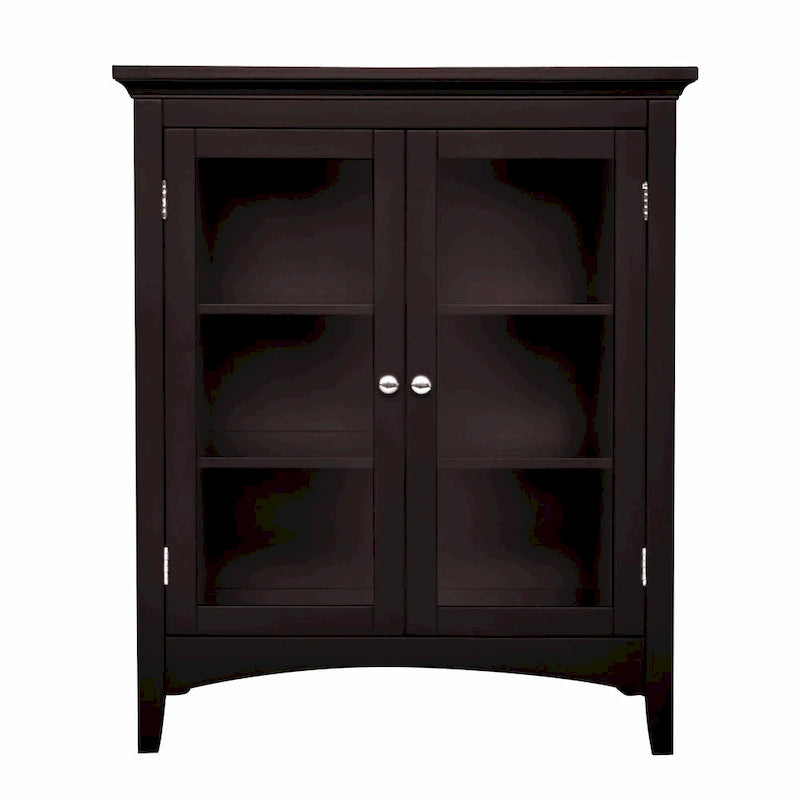 Espresso Freestanding Floor Cabinet with Glass Doors and 2 Adjustable Shelves - 26W x 13L x 32H