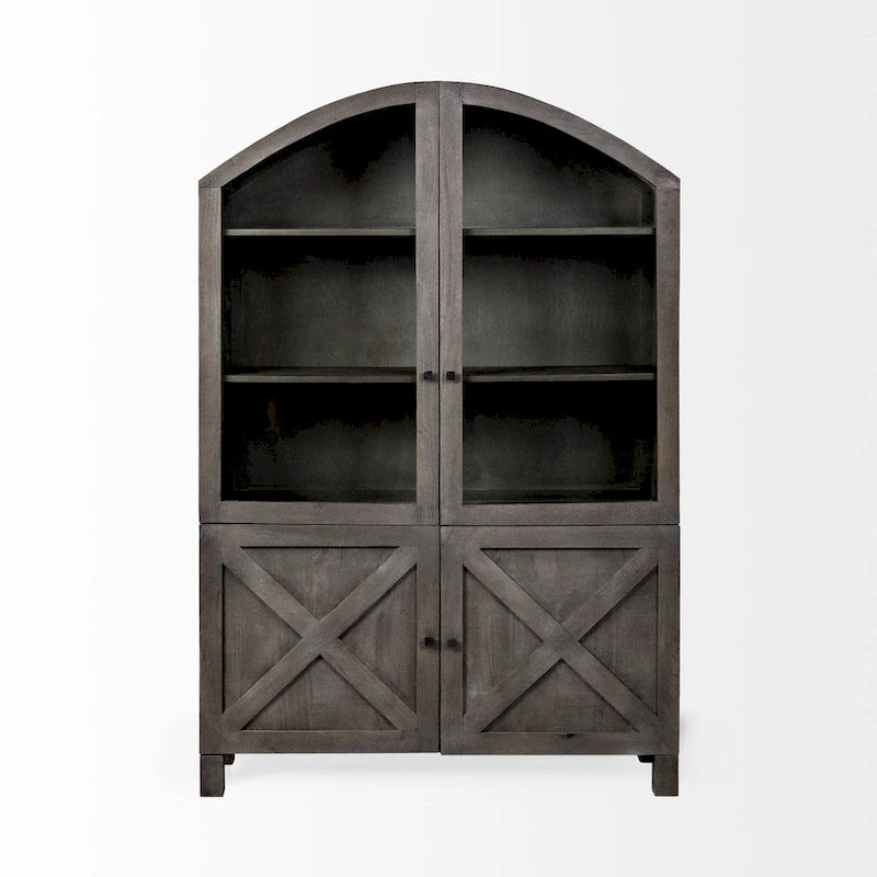 Dark Grey Solid Wood Display Cabinet with Glass Doors