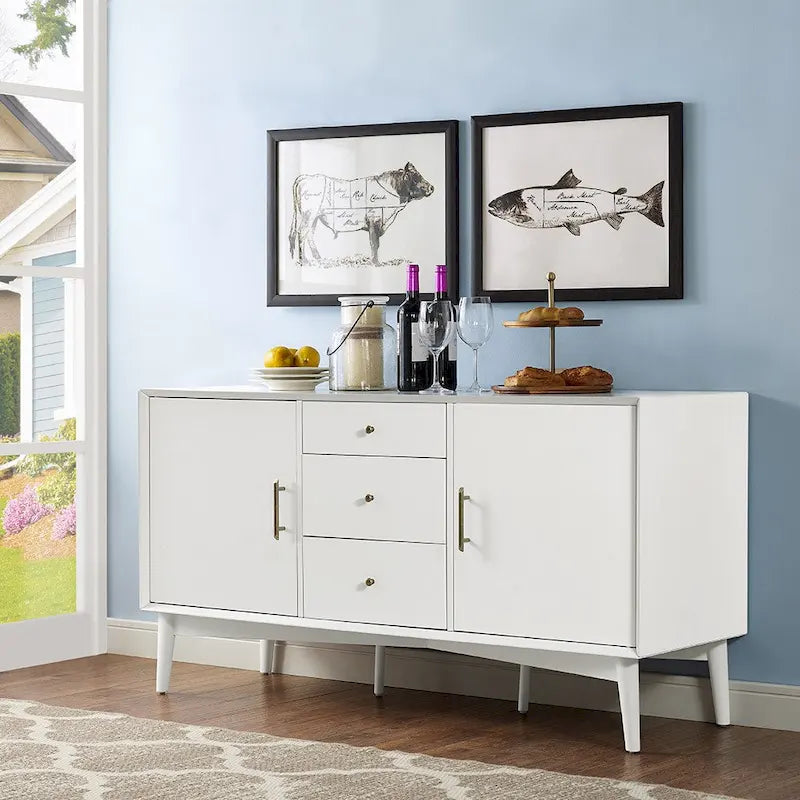 White Finish Mid-Century Sideboard with 2 Cabinets and 3 Drawers - 57W x 19D x 30H
