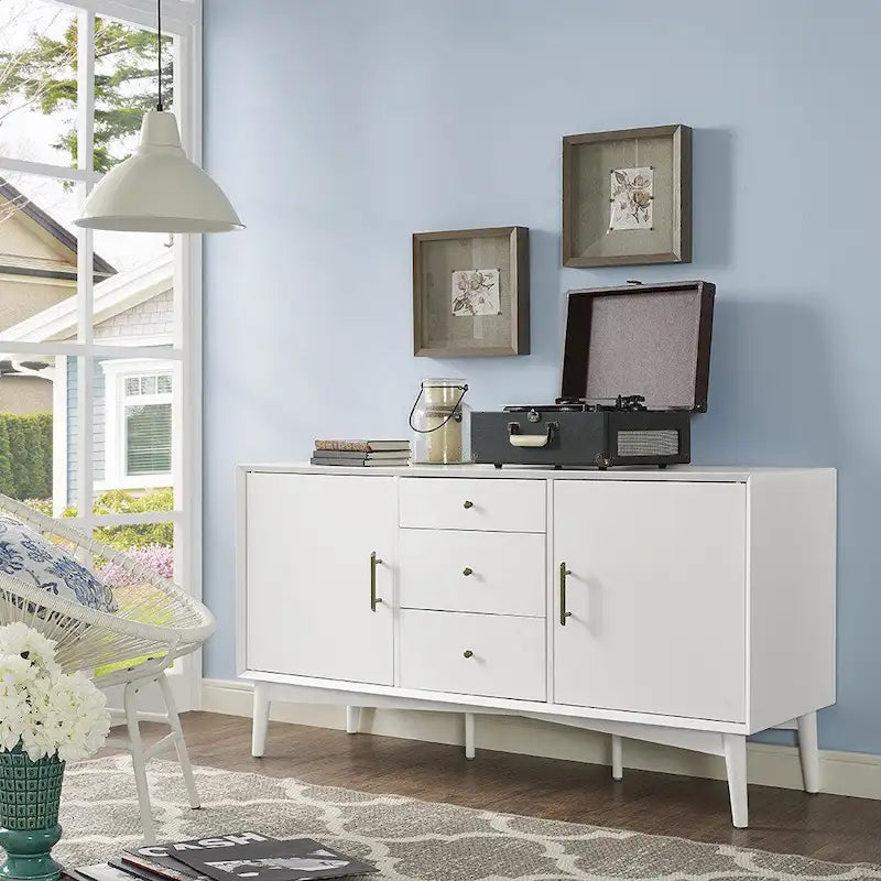 White Finish Mid-Century Sideboard with 2 Cabinets and 3 Drawers - 57W x 19D x 30H