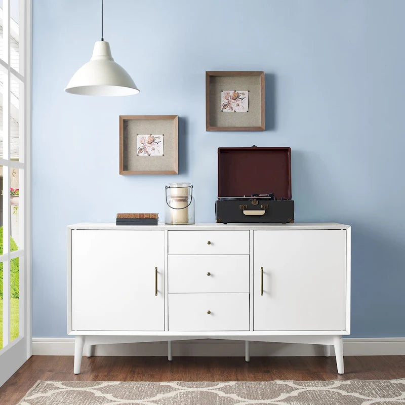 White Finish Mid-Century Sideboard with 2 Cabinets and 3 Drawers - 57W x 19D x 30H