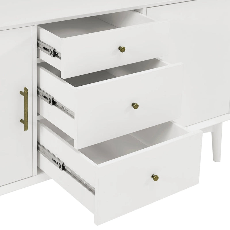 White Finish Mid-Century Sideboard with 2 Cabinets and 3 Drawers - 57W x 19D x 30H