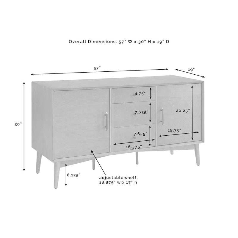 White Finish Mid-Century Sideboard with 2 Cabinets and 3 Drawers - 57W x 19D x 30H