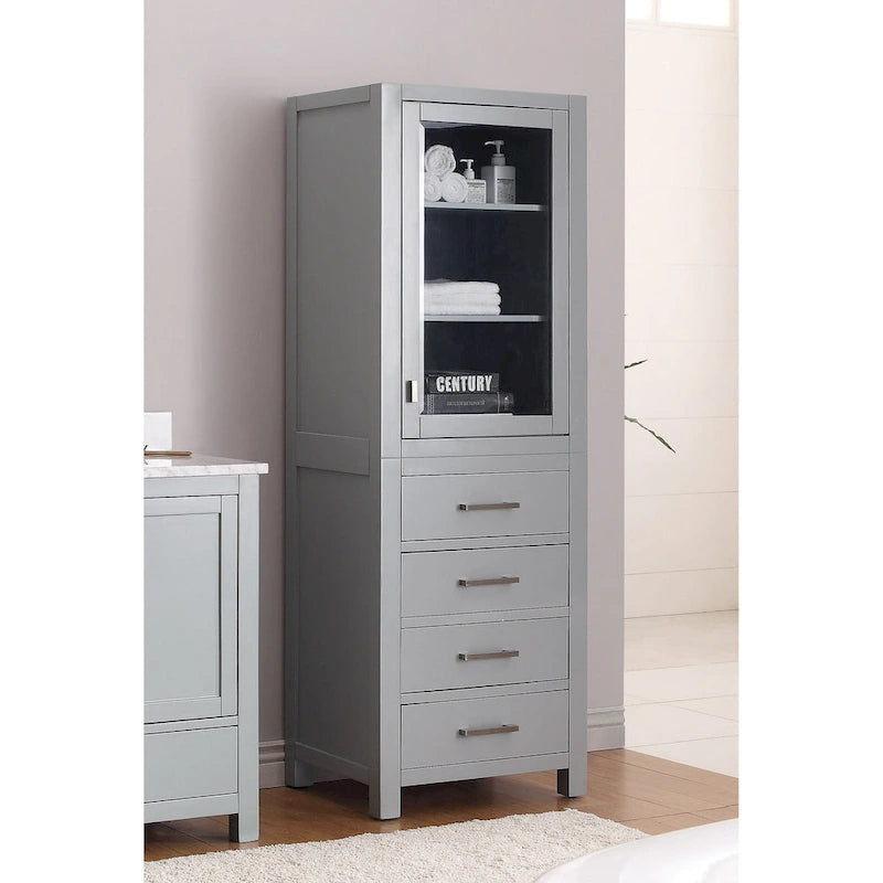 24" Linen Tower Cabinet with Glass Door and Soft-Close Drawers