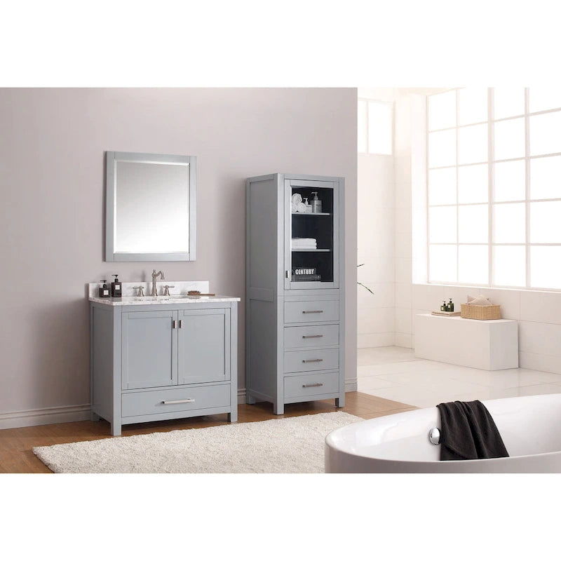 24" Linen Tower Cabinet with Glass Door and Soft-Close Drawers