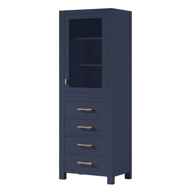 24" Linen Tower Cabinet with Glass Door and Soft-Close Drawers