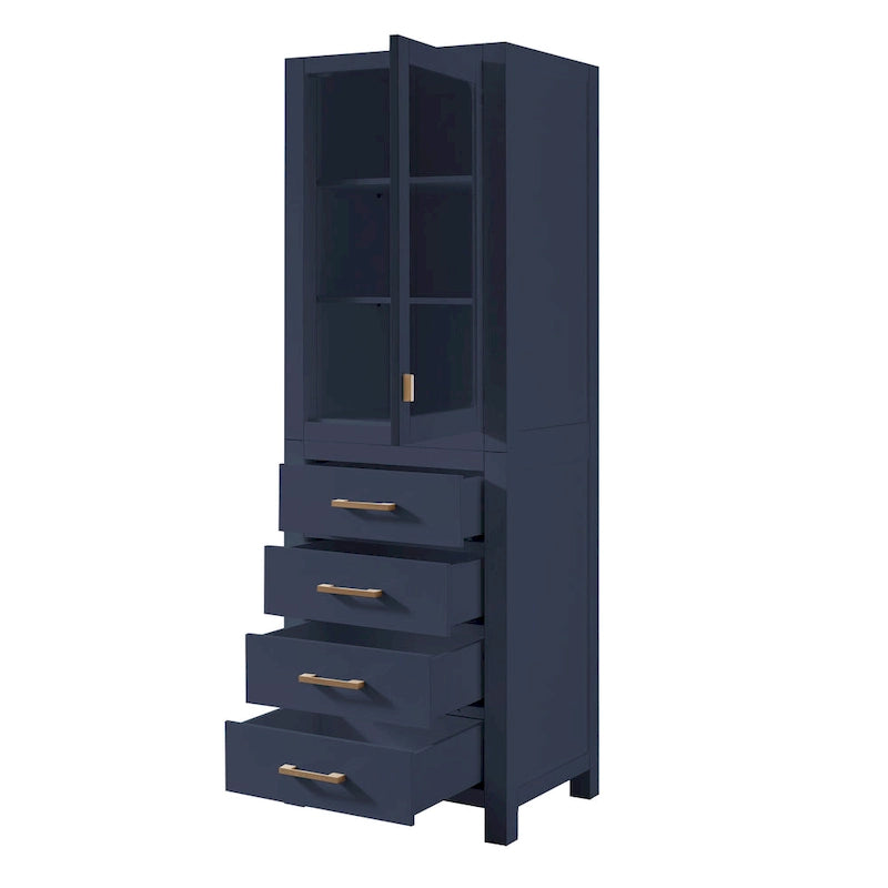 24" Linen Tower Cabinet with Glass Door and Soft-Close Drawers