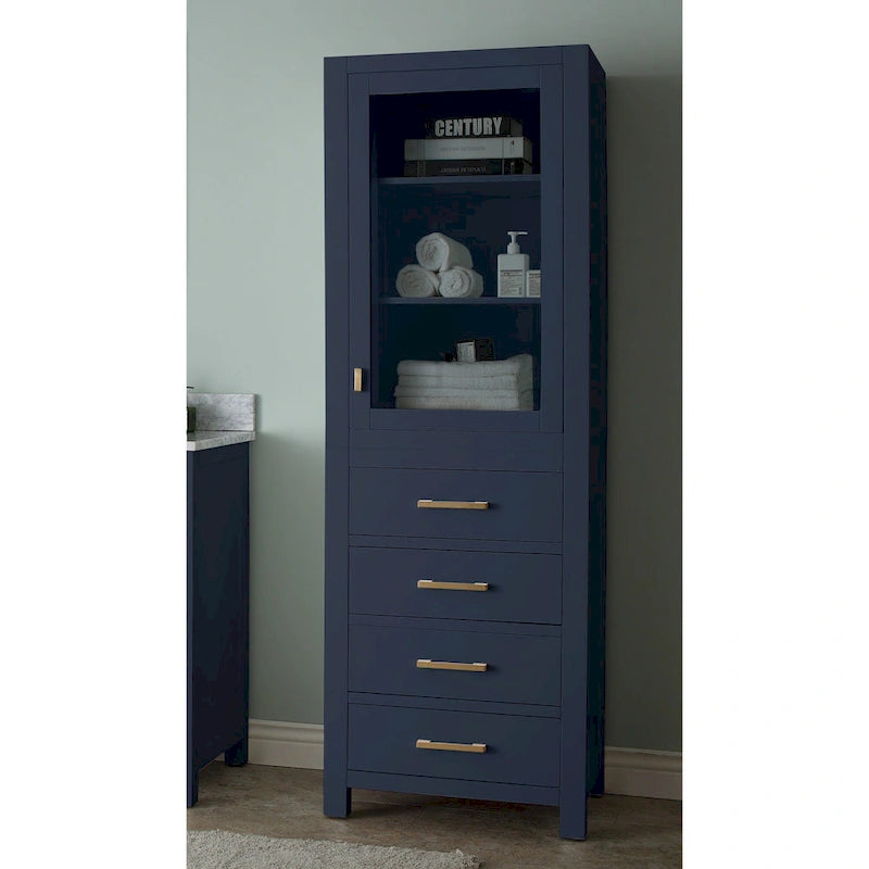 24" Linen Tower Cabinet with Glass Door and Soft-Close Drawers