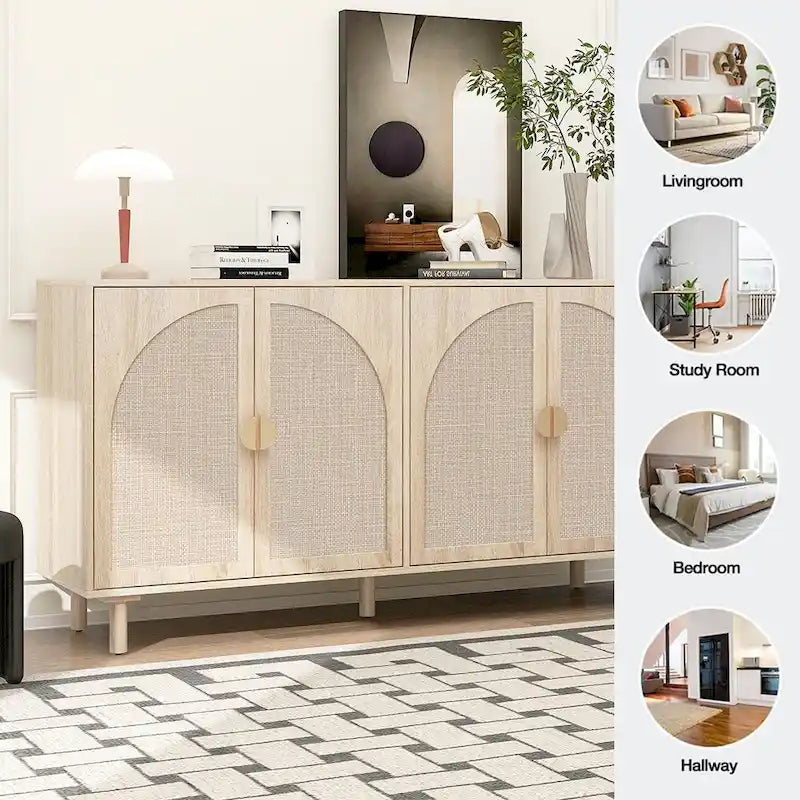 Storage Cabinet w/ 4 Rattan Door,Adjustable Shelves,Buffet Cabinet - 59.06Lx15.75Wx31.5H