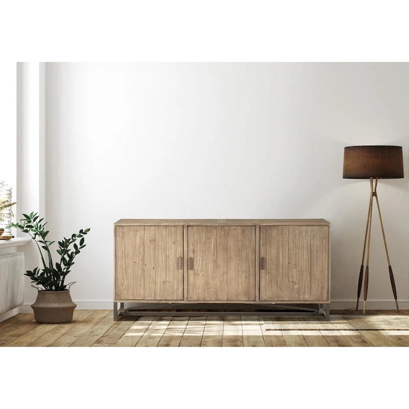 Rustic 3-Door Reclaimed Pine Sideboard with Metal Base