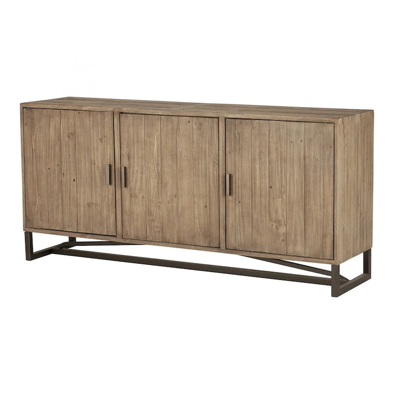 Rustic 3-Door Reclaimed Pine Sideboard with Metal Base