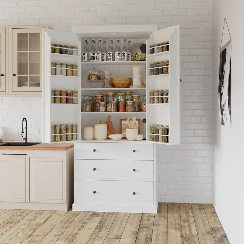 77inch Kitchen Pantry,Freestanding Tall Cupboard Storage Cabinet with 3 Adjustable Shelves,8 Door Shelves,3 Drawers